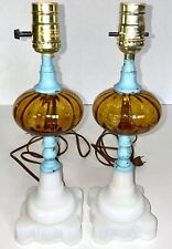 Pair Antique Amber Glass Blue Brass Milk Glass Base Oil Lamp Electric Conversion picture