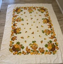 Vintage MCM Floral Fruit Fowl Linen Tablecloth 70x56 Inches. picture