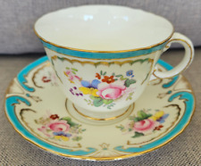 ANTIQUE MINTON TURQUOISE RAISED ENAMEL JEWELED GOLD FLORAL TEACUP AND SAUCER SET picture