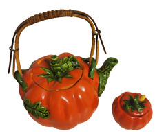 Maruhon Japanese Vintage Hand-painted Tomato or Pumpkin Teapot Lid Bamboo Handle picture