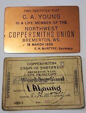 2 Pc Vintage Metal Northwest Coppersmith Union Membership Cards March 1938 picture