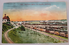 SAN PEDRO L.A. Harbor CA - Antique Color 1900s Postcard Scene Railway and Ships picture
