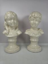 Vintage Pair Boy & Girl Bust Large White Ceramic Statue Figures 10.5