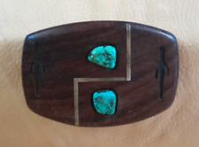 Vintage Custom Southwest Style  Wood Silver Inlay Turquoise Nugget Belt Buckle picture