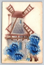 1908 Antique German Print Postcard Airbrushed Blue Flowers Windmill From Teacher picture