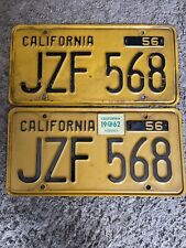 Two 1956 Vintage California License Plates Yellow Black JZF 568 - PAIR picture