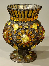 Ornate-19th Century Medieval Style Amber Yellow Bejeweled Candle Holder Vase 9+