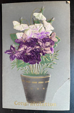 Vintage Victorian Postcard 1901-1910 Congratulations - Pot of Purple Flowers picture