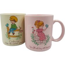 Vintage Pair Papél Mugs Japan Artist Ginny Happy Carefree Blue Bird His Hers Cup picture