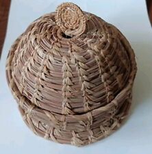 Small Vintage Native American Basket W Lid & Mat Handmade Close Coil Pine Needle picture