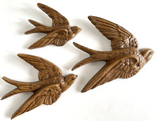 Vtg Set of 3 Bird Swallow Wall Hang Plaque Brown Faux Wood Grain Tone2650Burwood picture
