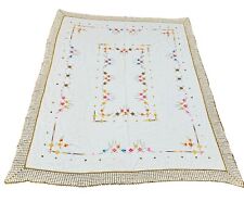 Vintage Embroidered Floral Rectangle Tablecloth White & Gold 75