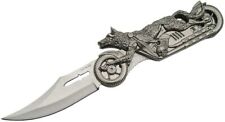 Folding Pocket Knife Wolf Motorcycle Rider -Skull on Side of Bike - Stainless  picture