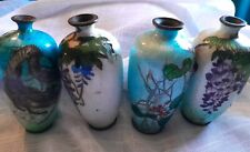 4 Asian Brass Cloissone Enamel Small Vases Vintage 2 Signed picture