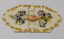 VICTORIAN ANTIQUE GREETING CARD CHRISTMAS PEEK A BOO HANDSHAKE FLORAL PURPLE  picture