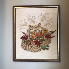 VINTAGE HAND EMBROIDERED PICTURE of Basket Flowers Fall Scene 20 X 24 Large picture