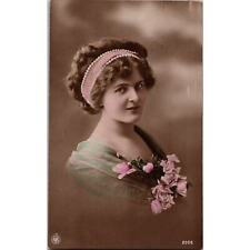 Vintage Edwardian Postcard Beautiful Woman with Flowers Pink Roses 1900's Tinted picture