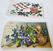 2 Antique Birthday Greetings Postcards Tuck Violets Roses Embossed picture