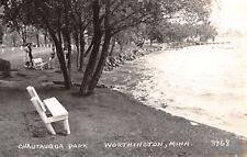 Worthington Minnesota~Chatauqua Park~Benches on Lakefront~Ladies~1940s RPPC picture