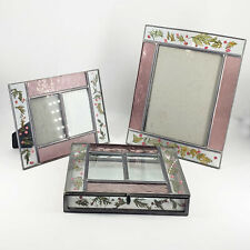 Vintage 3 pc Stained Glass Dried Flower 2 picture frames & Trinket Jewelry Box picture