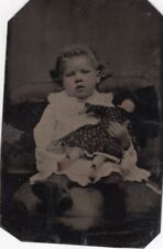 ANTIQUE VINTAGE TINTYPE CUTE GIRL AND DOLL TINTED PINK CHEEKS picture
