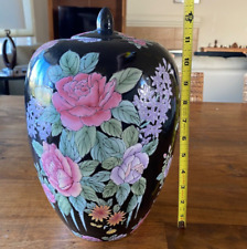 Antique Hand Painted Black Floral Ceramic Jar URN Pink Lavender Flowers 1960s picture