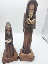 Vintage Set Of 2 Monks In Robes Reading Books Carved Figurines picture