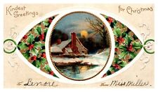 Vintage Postcard Christmas Snow Lake House Embossed picture