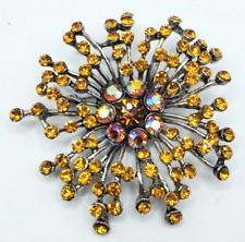 Silver Tone Glass Crystal Flower Burst Atomic Spray Style Amber Sparkle Brooch picture