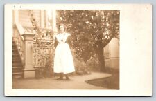 RPPC Lady Stands on Sidewalk By Front Steps AZO 1904-1918 ANTIQUE Postcard 1363 picture