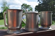 Vintage Crown & Rose Cast Pewter Tankard Made in London Lot of 3  (1 covered) picture