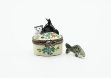 Mini Peint main limoges France kitten yarn porcelain hinged trinket box w/ Fish picture