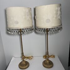 Pair of Vintage Tall Candlestick Table Lamps w/ Fabric Beaded Shades Faux Brass picture