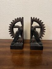 Rustic Wheel Gear Bookends Solid Resin, Brown/ Black 7” Tall picture
