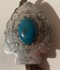 Vintage Metal Bolo Tie, Silver with Nice Turquoise Stones Design, Arrowhead, Nat picture
