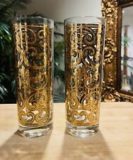 VTG SET OF 2 GEORGES BRIARD SPANISH GOLD HIGH BALL DRINK GLASSES MCM 22K BARWARE picture