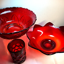 Lot Fenton Red Amberina Lotus Petal & Diamond Pattern Bowl Thumbprint Art Glass picture