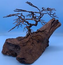 VINTAGE ASIAN ART TWISTED WIRE BONSAI TREE HANDCRAFTED ON OLD WOOD SCULPTURE picture