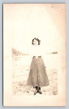 c1913 RPPC Lady in Blouse & Skirt On Rocky Beach ANTIQUE Postcard 1325 picture