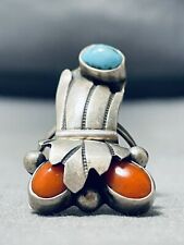 RARE OLDER VINTAGE NAVAJO DOMED TURQUOISE CORAL STERLING SILVER RING OLD picture