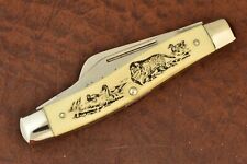 SCHRADE MADE IN USA SCRIMSHAW DUCK DOG RETREIVER STOCKMAN KNIFE 505SC (15756 picture