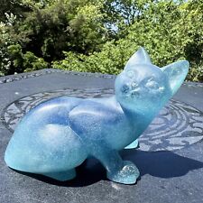 Vtg Daum Pate de Verre Blue Crystal Crouching Cat Figure France picture