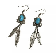 Vintage Native American Sterling Silver Turquoise Dangle Feather Earrings 3” picture