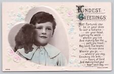 Vintage Postcard Kindest Greetings Boy With His Cat Embossed picture