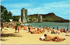 Postcard Waikiki Beach with Bikini Clad Sunbathers and Diamond Head Volcano picture