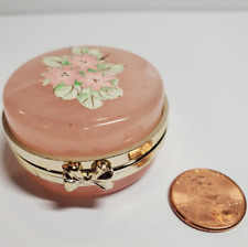 Vintage 1980s Italian GENUINE Pink Alabaster Stone Floral Jewelry Trinket Box picture