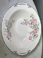 VTG Oval Floral Porcelain China Serving Bowl Scroll Detail Silver Trim 10.25”W picture