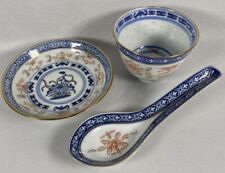 Fine Chinese Blue Gold Rice Grain Polychrome Porcelain 3 Pc Set Bowl Spoon Dish picture