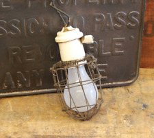 Early Vtg Antique Industrial Porcelain Socket Wire Cage Trouble Lamp Light picture
