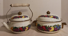 Vintage Enamel FRUIT Teapot & Dutch Oven Casserole pot Cornucopia Vitroceramic picture
